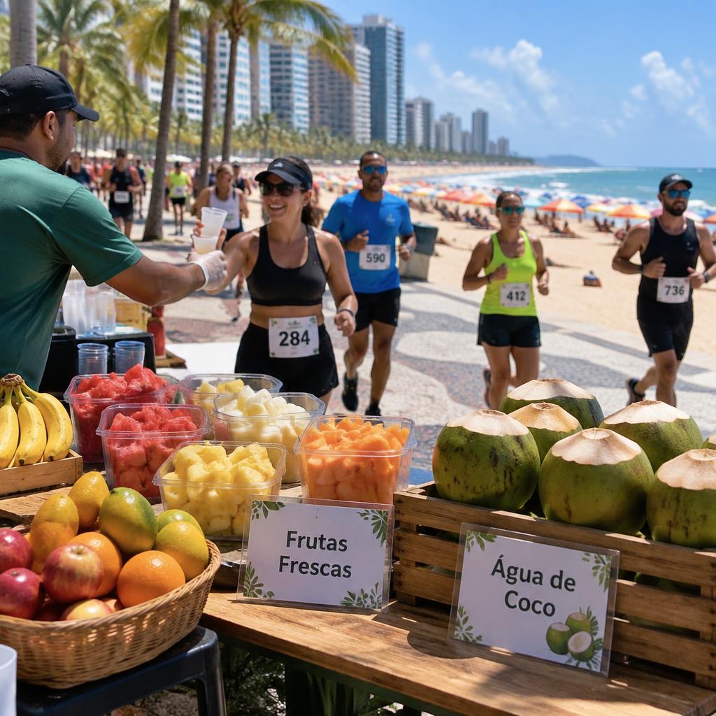 Kits de frutas frescas e água de coco na largada de uma corrida